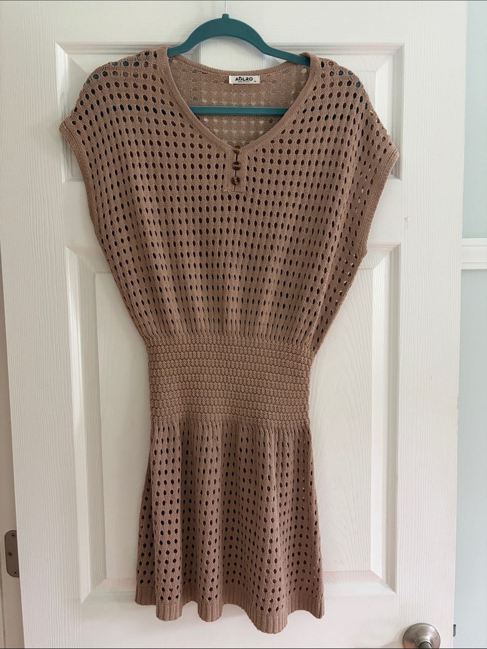 Adolfo Taupe Open-Knit Mini Dress